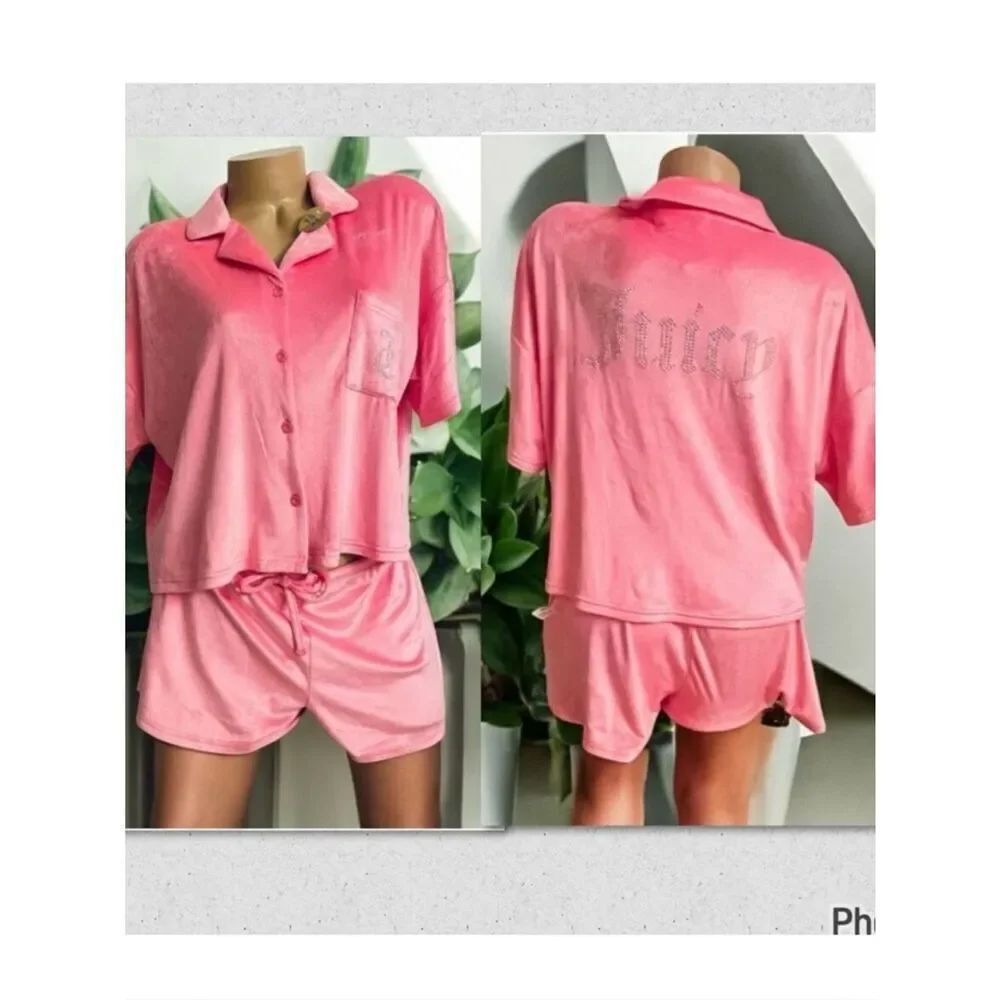 NWT Juicy Couture 2 Pc L Pink Stretch Velour Button up Collar Shorts Pajama Set